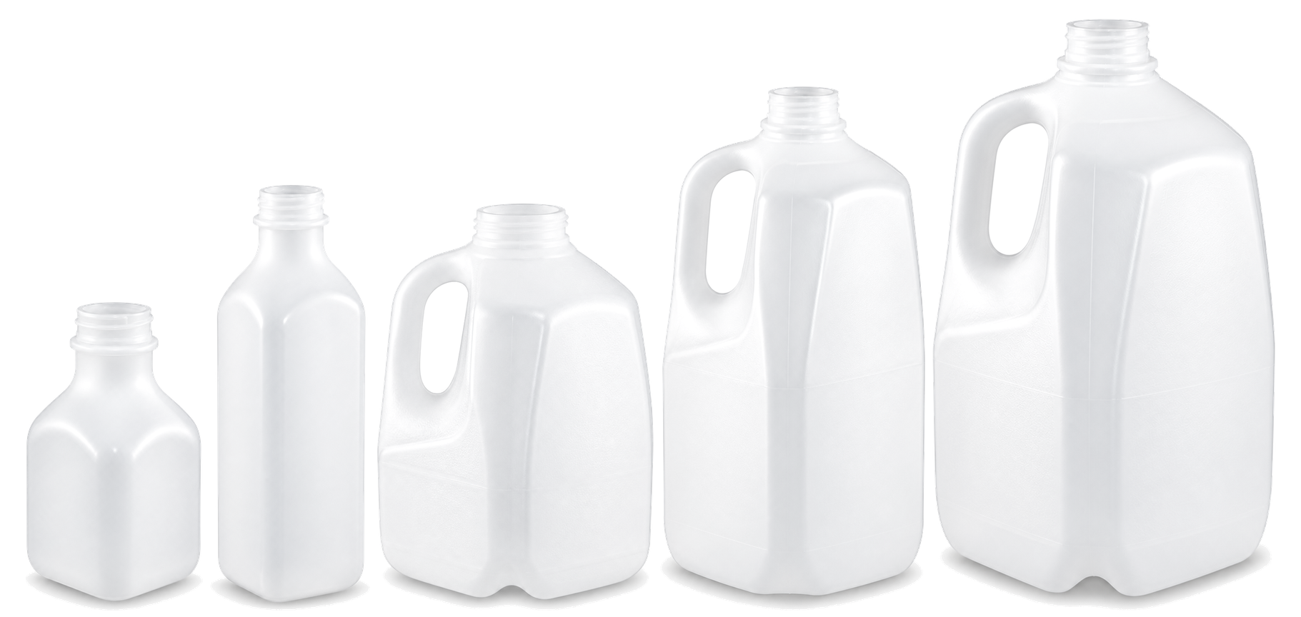 Hotz Family Farms food-grade plastic bottle lineup: 8 oz, 16 oz pint, 32 oz squat quart, 64 oz half gallon and 128 oz gallon jug