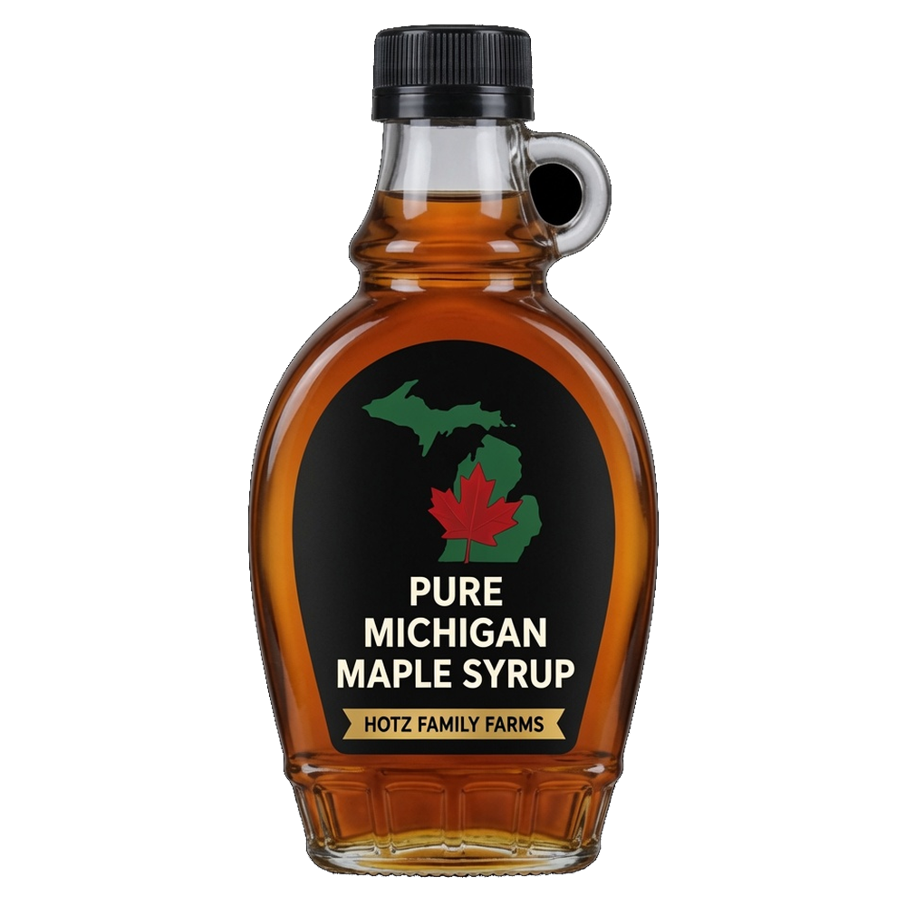 Hotz Family Farms 16 oz pure Michigan maple syrup bottle