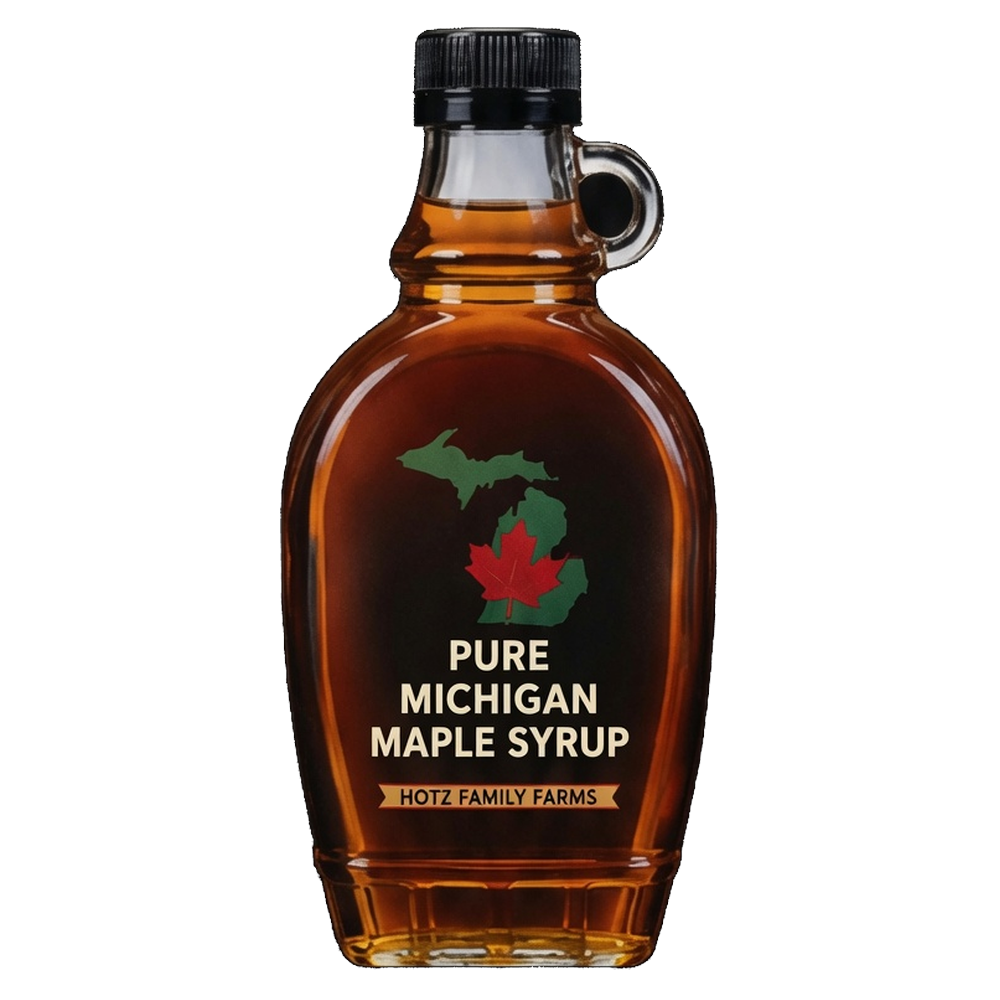 Hotz Family Farms 32 oz pure Michigan maple syrup bottle