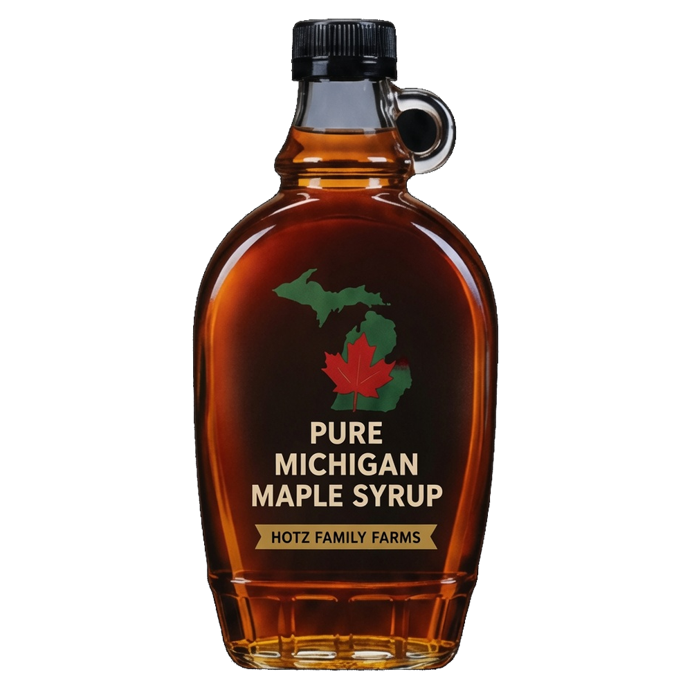 Hotz Family Farms 64 oz pure Michigan maple syrup bottle