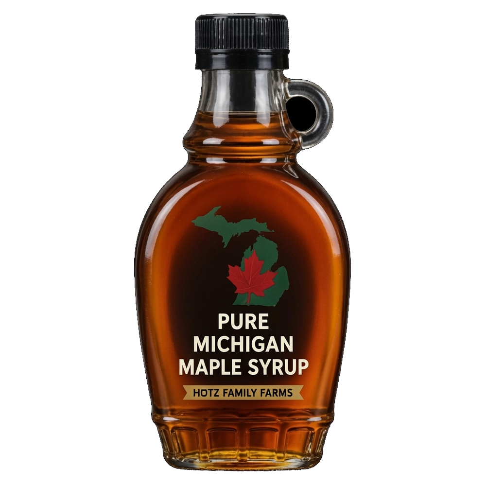 Hotz Family Farms 8 oz pure Michigan maple syrup bottle